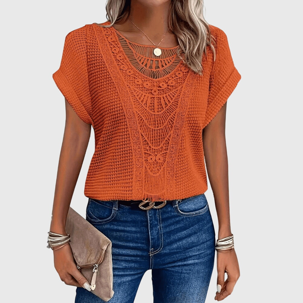 Pearl — Blouse Femme Elegante Style Ibiza Bleu Ciel Rouge Orange
