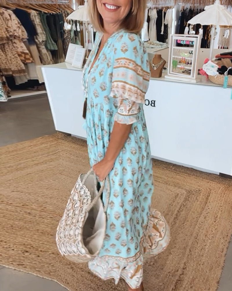 Isabella — Robe Midi Boho Imprimee Pompons Attaches Rose Bleue Verte
