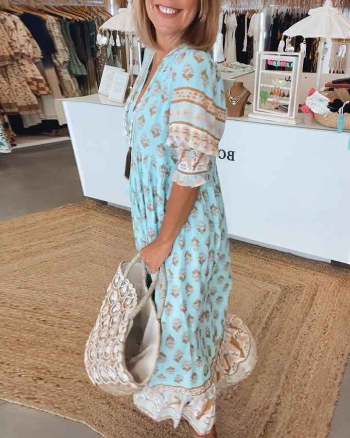 Isabella — Robe Midi Boho Imprimee Pompons Attaches Rose Bleue Verte
