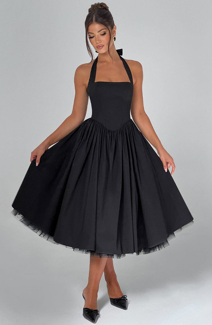 Chloe — Robe Mariage Invitee Halter Midi Blanche Noire Elegante