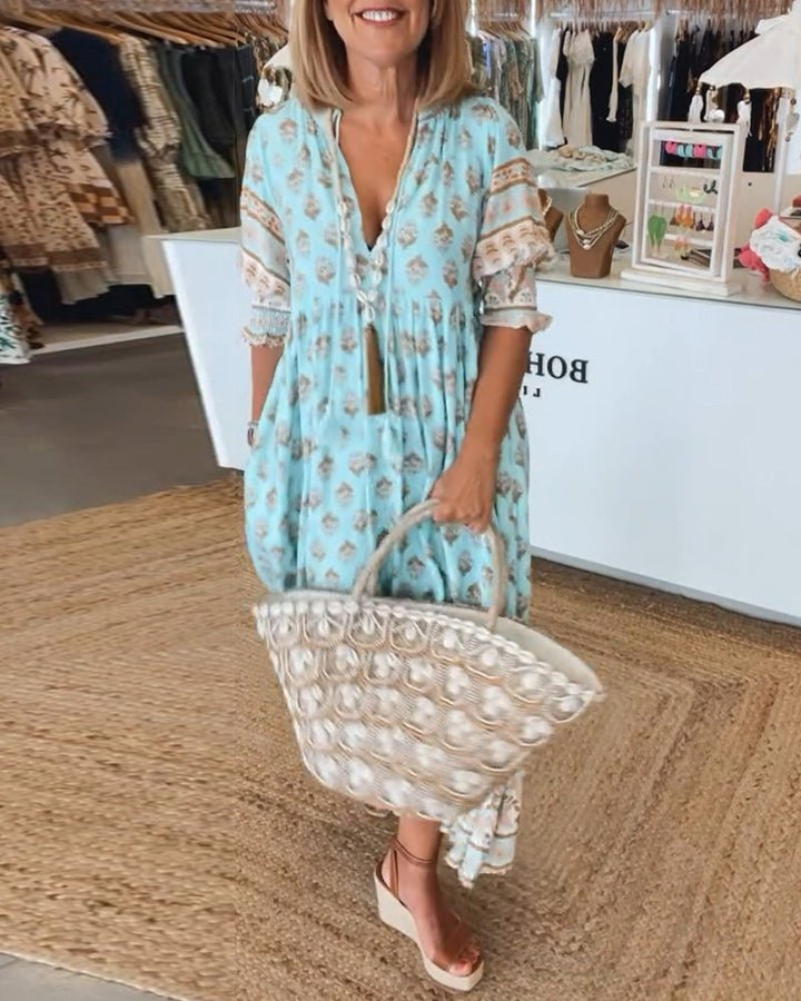 Isabella — Robe Midi Boho Imprimee Pompons Attaches Rose Bleue Verte