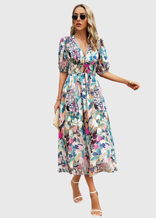 Merlin — Robe Midi Florale Femme Flatteuse Rose Bleue Verte et Fleuries