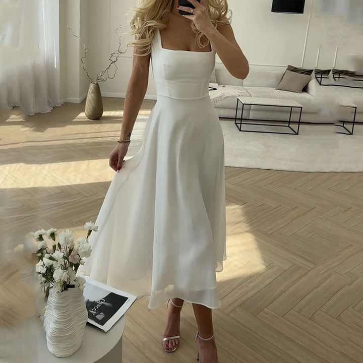 Hannah — Robe Mariage Invitee Col Carre Midi Elegante Bleue Noire Blanche