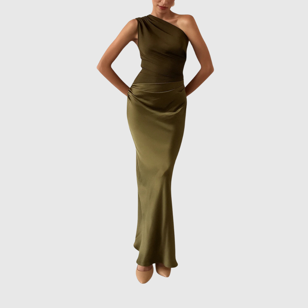 Elara — Robe de Soiree Satin Asymetrique Femme Verte Marron Pour Nuit de Gala