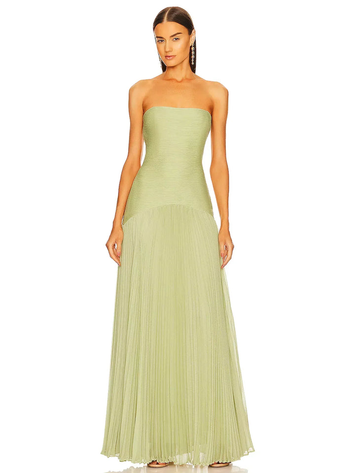 Eleanor — Robe Mariage Invitee Bustier Plissee Maxi Sans Bretelles Jaune Verte