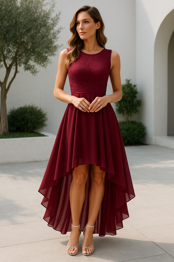 Kaitlyn — Robe Mariage Invitee High-Low Asymetrique Or Rouge Bleue