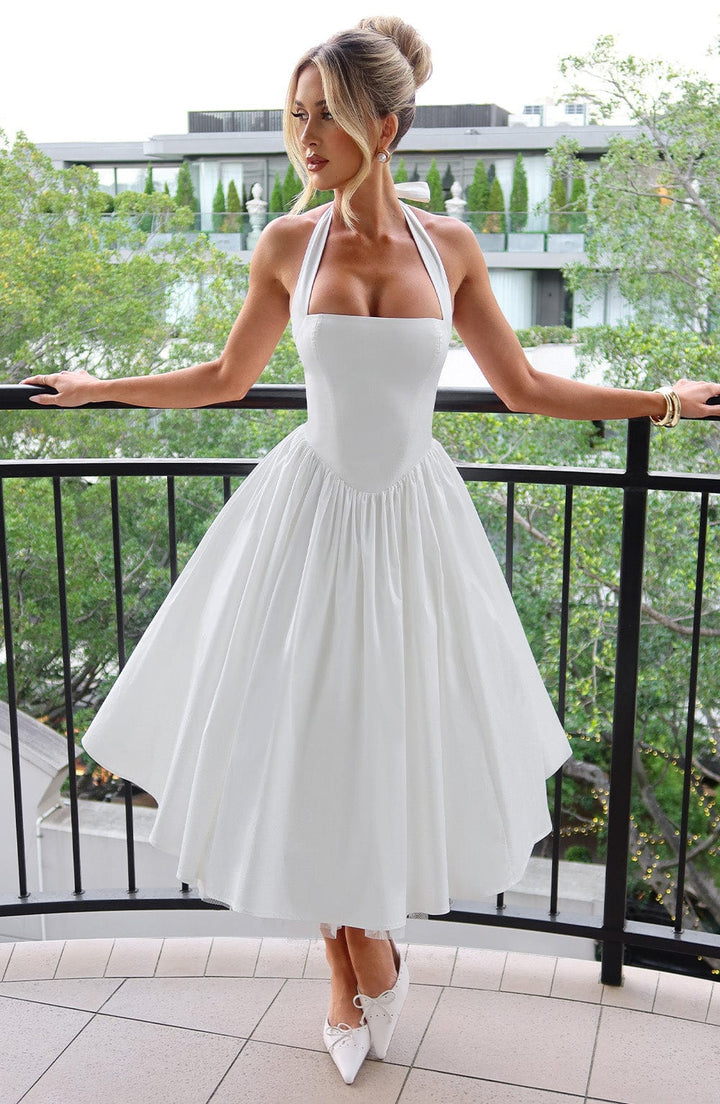 Chloe — Robe Mariage Invitee Halter Midi Blanche Noire Elegante