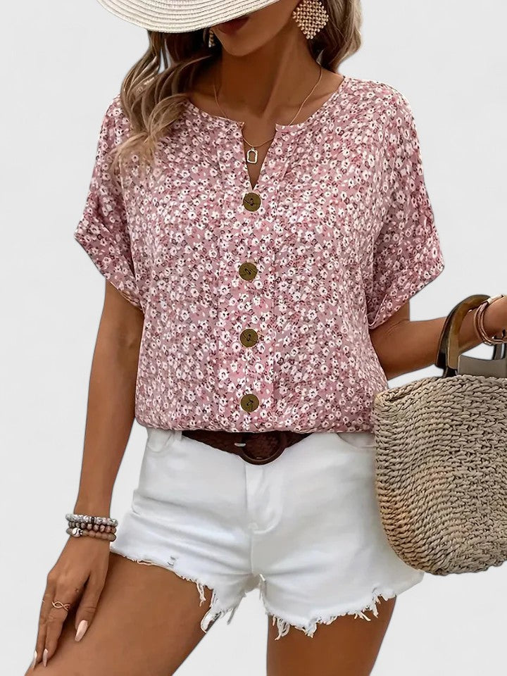 Sabine — Blouse Femme Florale Ete Violette Bleue Rose Elegante