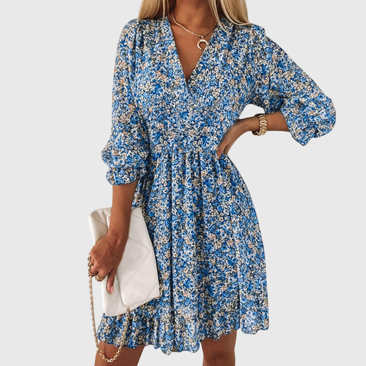Elisa — Robe Femme Florale Manches Bouffantes Bleue Rose Verte