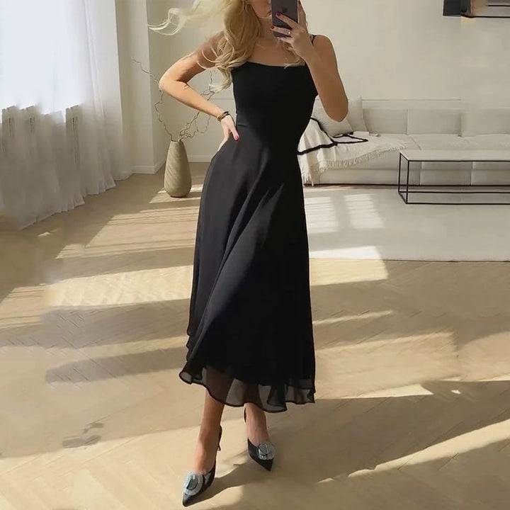 Hannah — Robe Mariage Invitee Col Carre Midi Elegante Bleue Noire Blanche