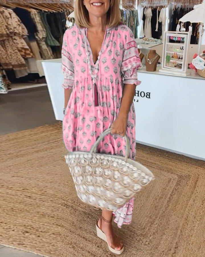 Isabella — Robe Midi Boho Imprimee Pompons Attaches Rose Bleue Verte