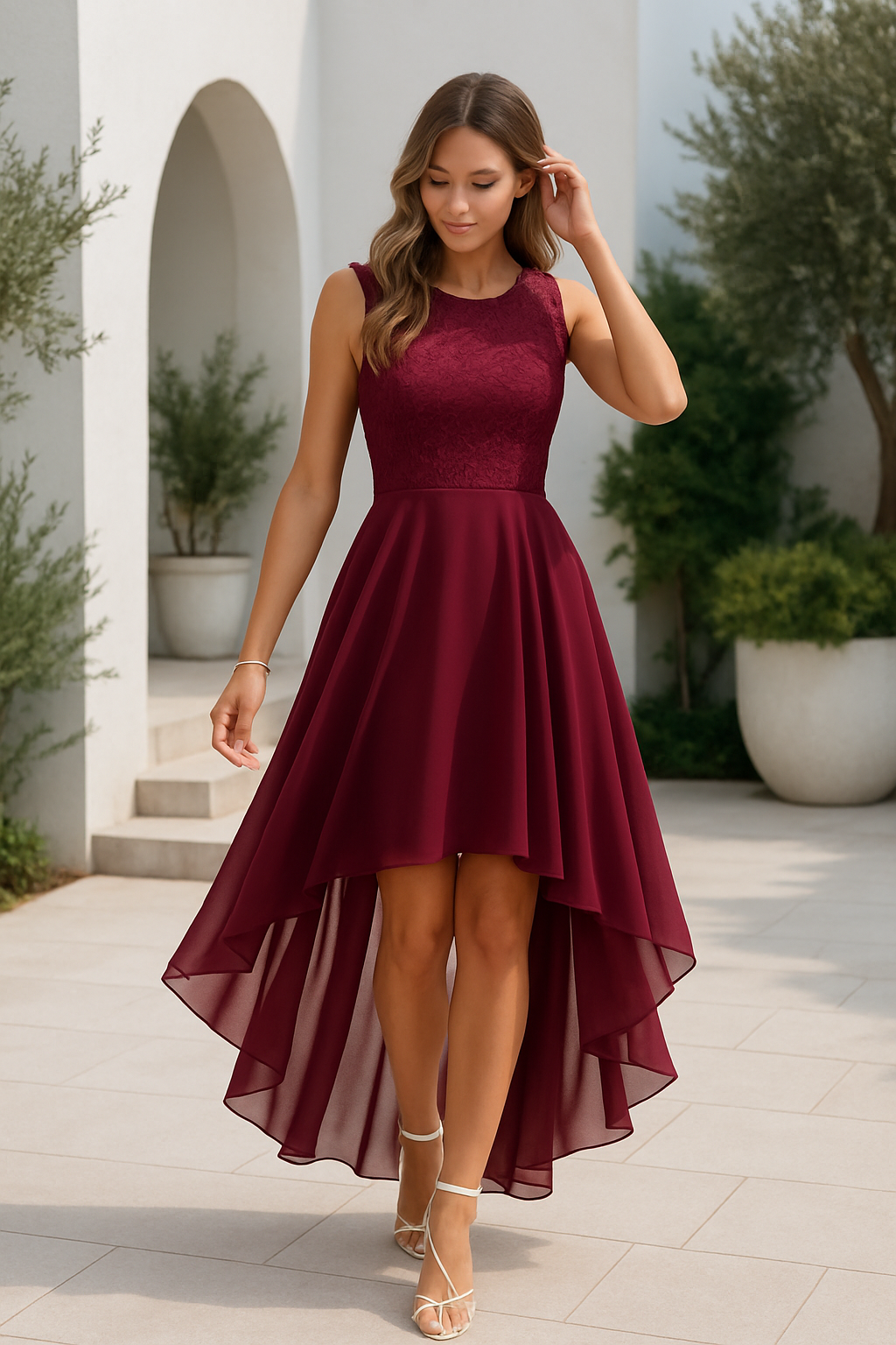 Kaitlyn — Robe Mariage Invitee High-Low Asymetrique Or Rouge Bleue