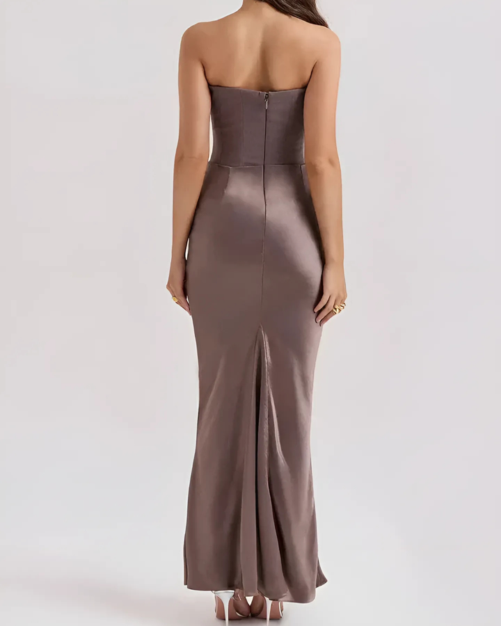 Claire — Robe Mariage Invitee Drapee Maxi Marron Rouge Blanche