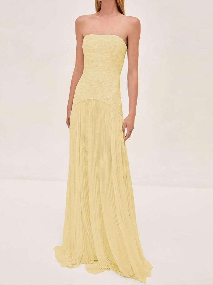 Eleanor — Robe Mariage Invitee Bustier Plissee Maxi Sans Bretelles Jaune Verte