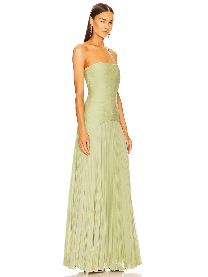 Eleanor — Robe Mariage Invitee Bustier Plissee Maxi Sans Bretelles Jaune Verte