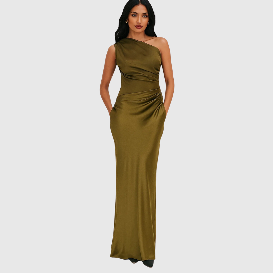 Elara — Robe de Soiree Satin Asymetrique Femme Verte Marron Pour Nuit de Gala