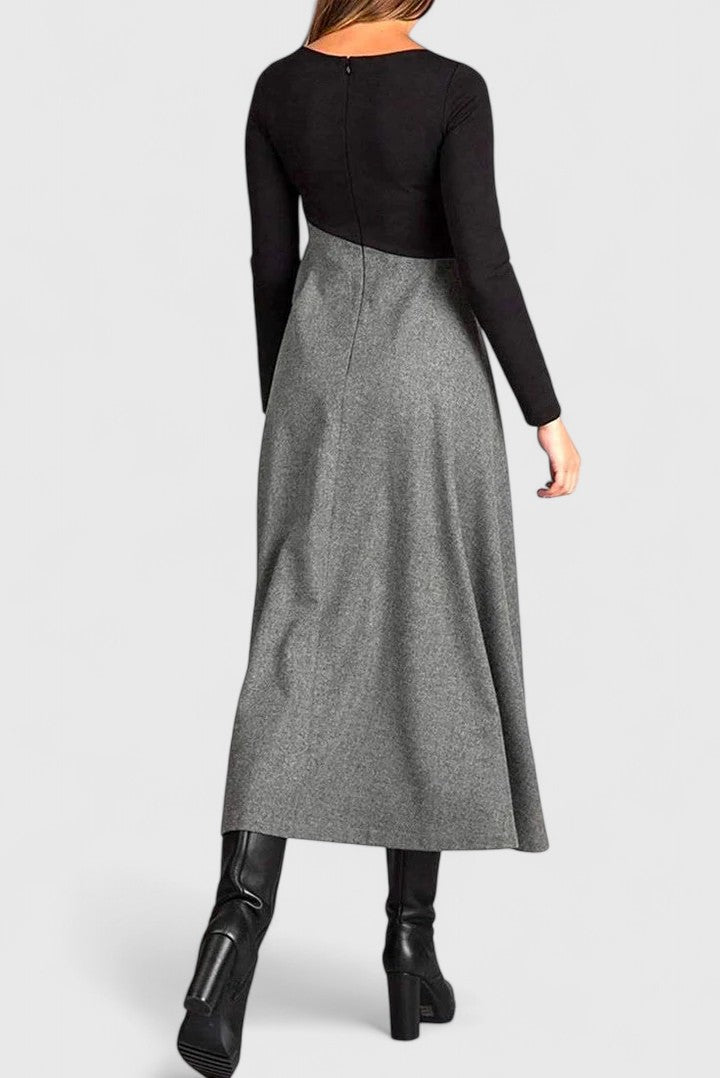 Janet — Robe Maxi Femme Manches Longues Elegante Noir et Gris Pour Hiver Chic