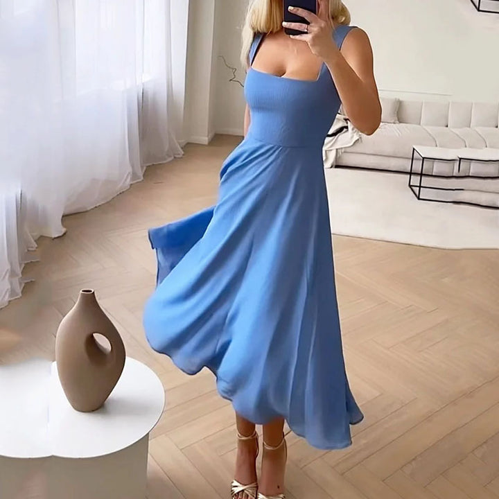 Hannah — Robe Mariage Invitee Col Carre Midi Elegante Bleue Noire Blanche