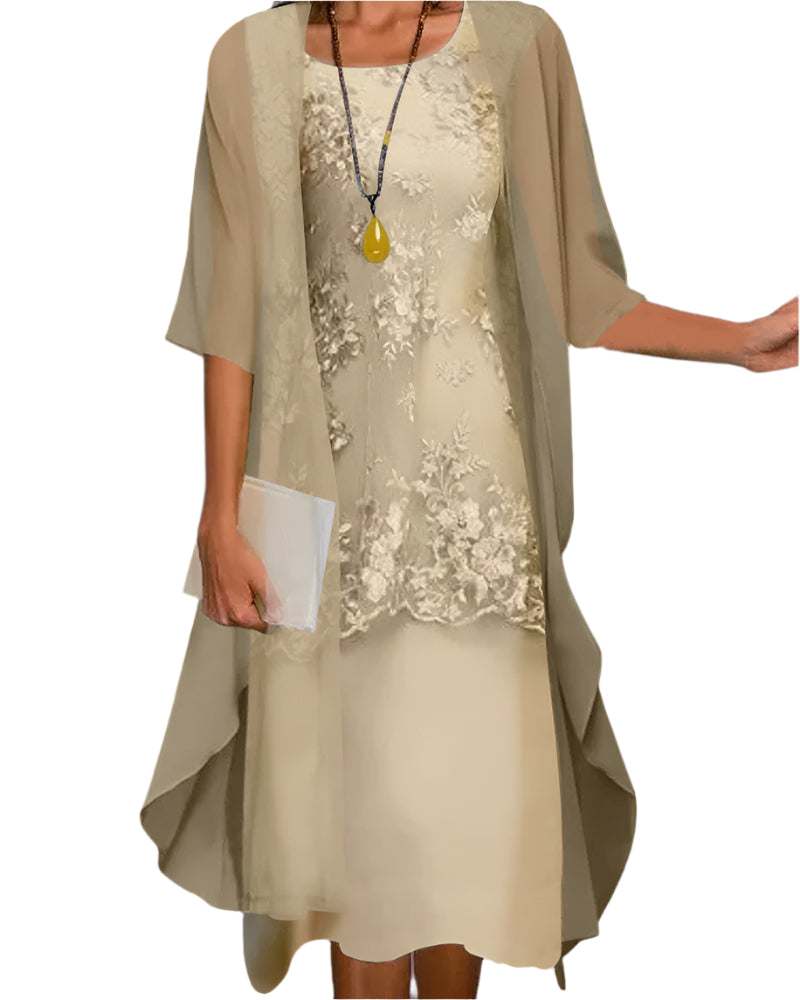 Caroline — Robe Mariage Invitee Manches Voilees Midi Fluide Romantique