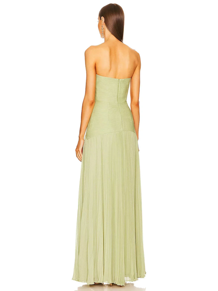 Eleanor — Robe Mariage Invitee Bustier Plissee Maxi Sans Bretelles Jaune Verte