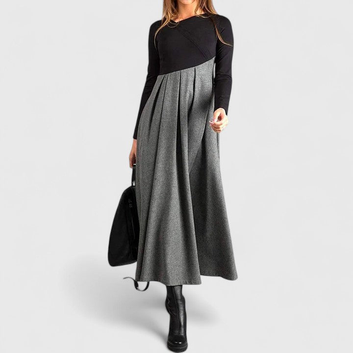 Janet — Robe Maxi Femme Manches Longues Elegante Noir et Gris Pour Hiver Chic