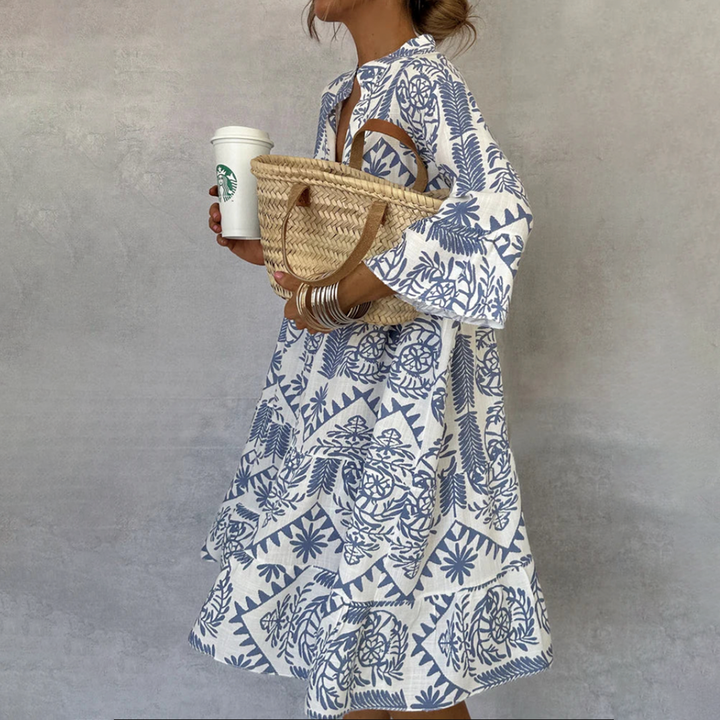 Maisie — Robe Mini Boho Imprimee Manches Longues Bleue Pour Femme Creatrice