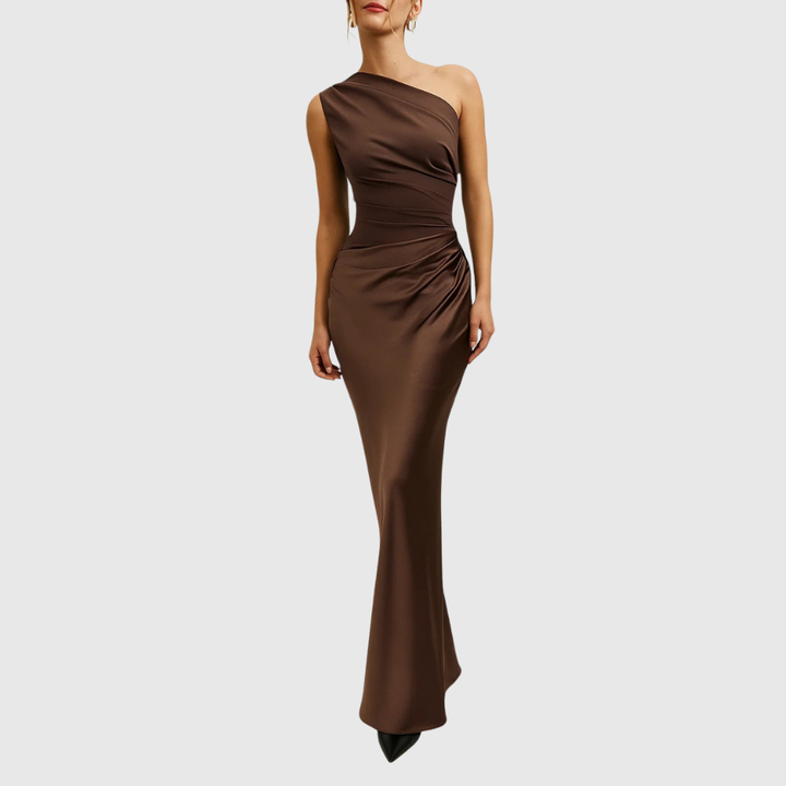 Elara — Robe de Soiree Satin Asymetrique Femme Verte Marron Pour Nuit de Gala