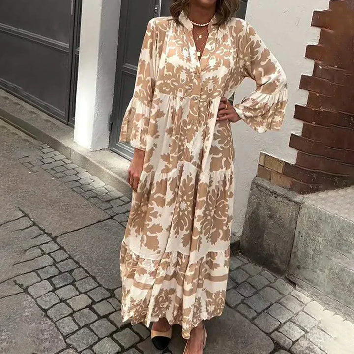 Kate — Robe Midi Boho Imprimee Manches Longues Bleue Violette Rouge Verte