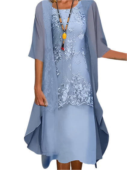 Caroline — Robe Mariage Invitee Manches Voilees Midi Fluide Romantique