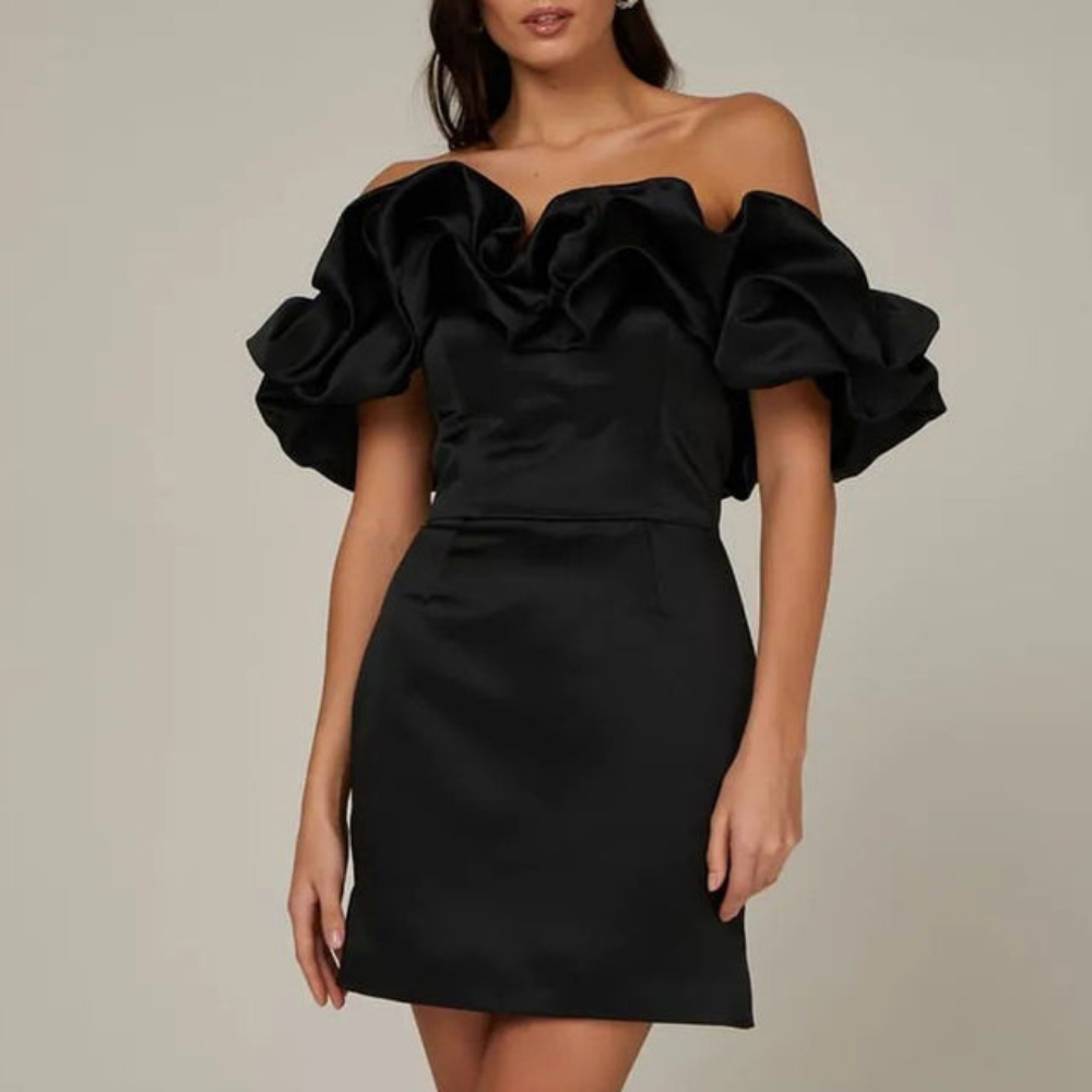 Charlotte — Robe Mariage Invitee Volantee Mini Noire Rose Rouge