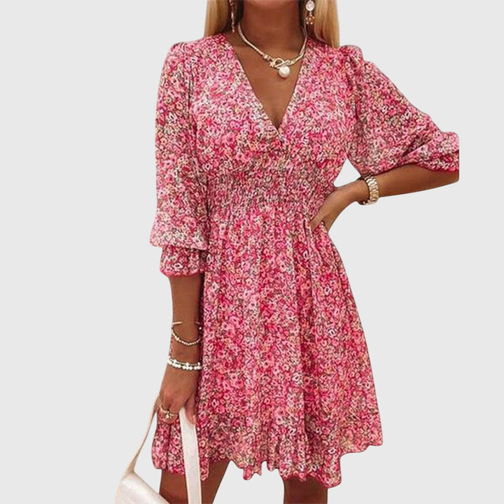 Elisa — Robe Femme Florale Manches Bouffantes Bleue Rose Verte