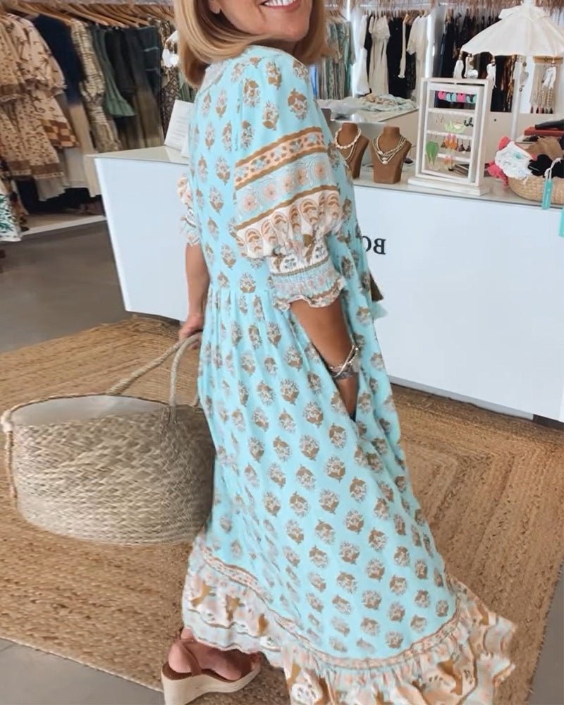 Isabella — Robe Midi Boho Imprimee Pompons Attaches Rose Bleue Verte