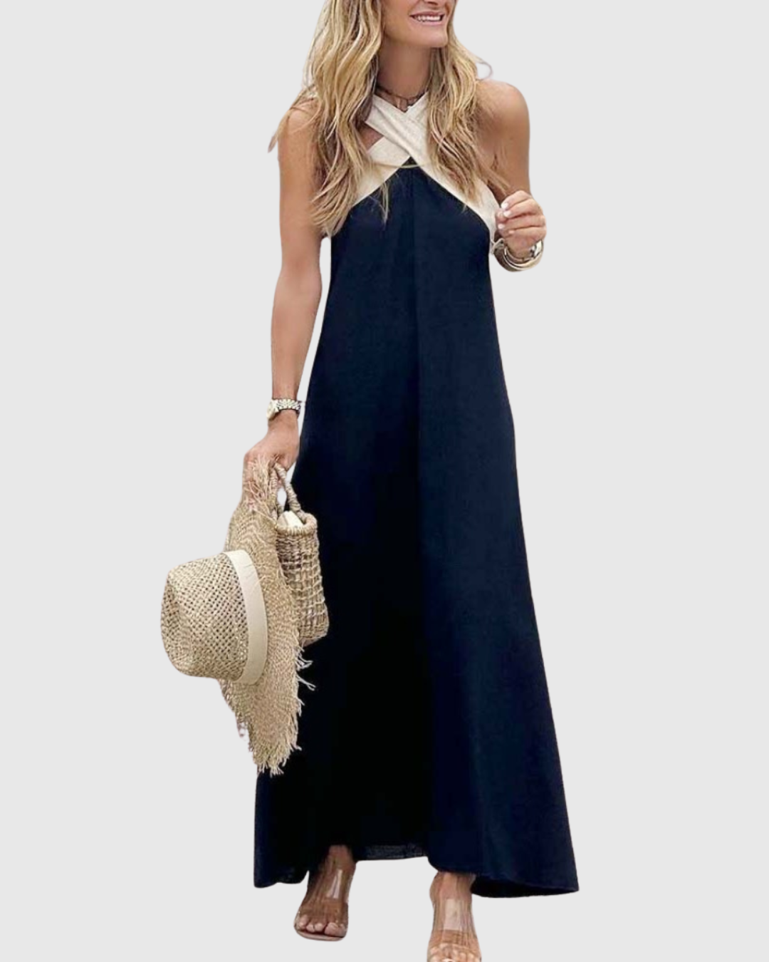 Orella — Robe Femme Col Croisé Noir Blanc Élégance Pure