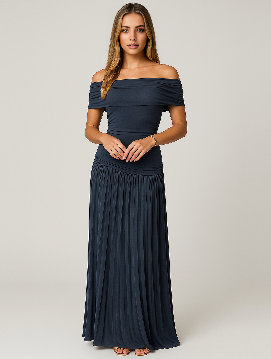 Bella — Robe Mariage Invitee Plissee Maxi Bleu Marine Bleu Ciel Beige