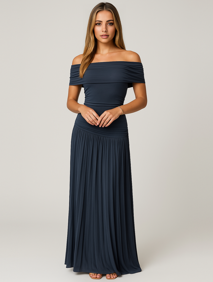Bella — Robe Mariage Invitee Plissee Maxi Bleu Marine Bleu Ciel Beige
