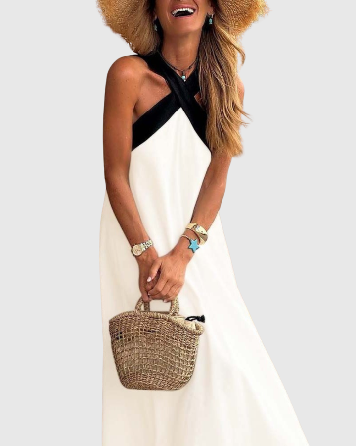 Orella — Robe Femme Col Croisé Noir Blanc Élégance Pure