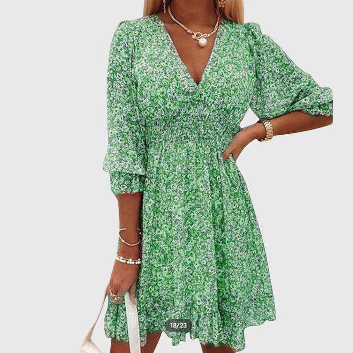 Elisa — Robe Femme Florale Manches Bouffantes Bleue Rose Verte