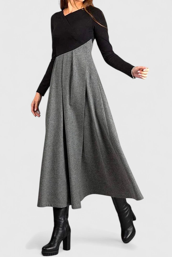 Janet — Robe Maxi Femme Manches Longues Elegante Noir et Gris Pour Hiver Chic