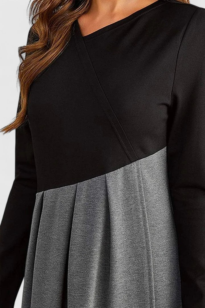 Janet — Robe Maxi Femme Manches Longues Elegante Noir et Gris Pour Hiver Chic