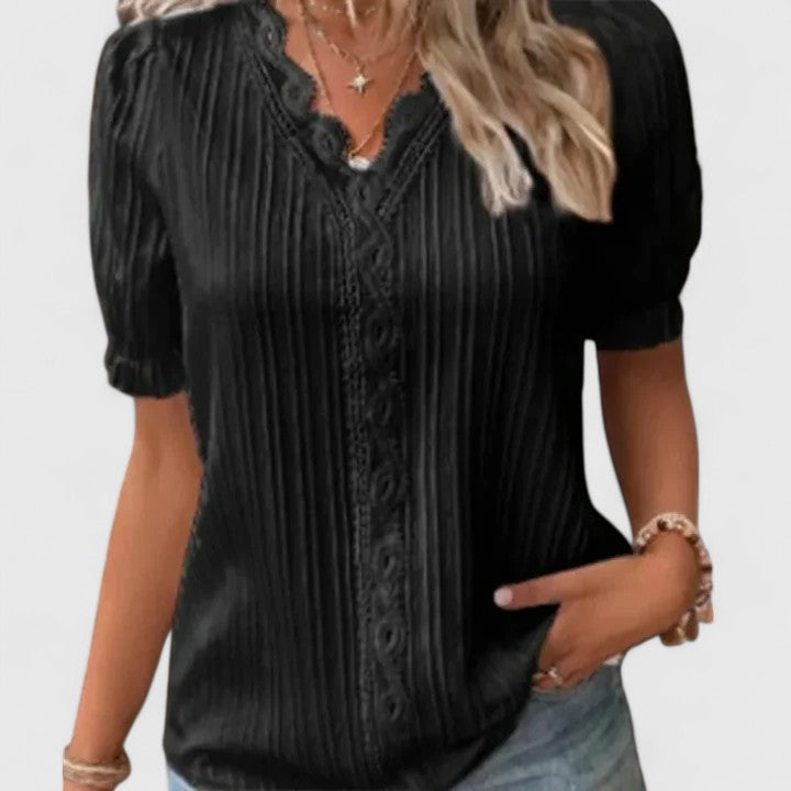 Avienne — Blouse Femme Col v Jaune, Bleue Pour Style Confirme