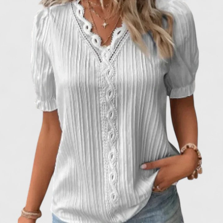 Avienne — Blouse Femme Col v Jaune, Bleue Pour Style Confirme