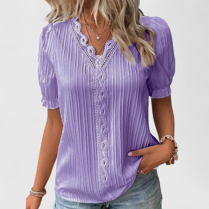 Avienne — Blouse Femme Col v Jaune, Bleue Pour Style Confirme