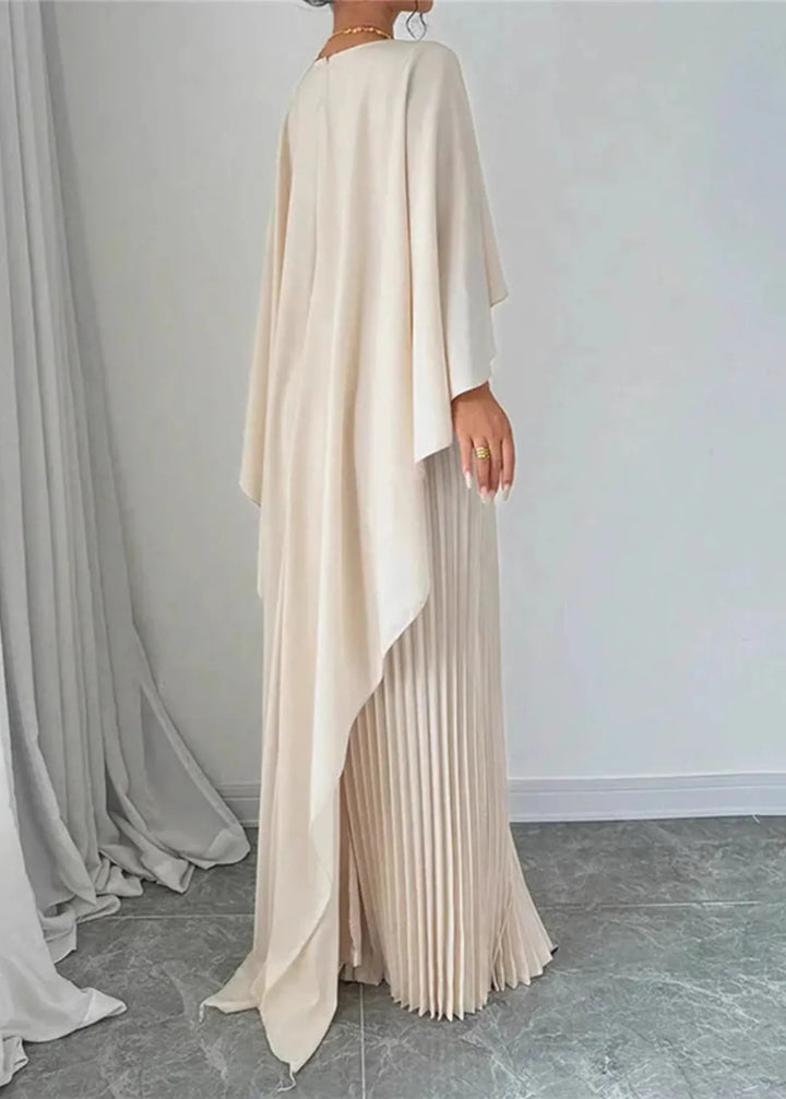 Makayla — Robe Maxi Invitee Mariage Plissee Cape Beige Noire Rouge