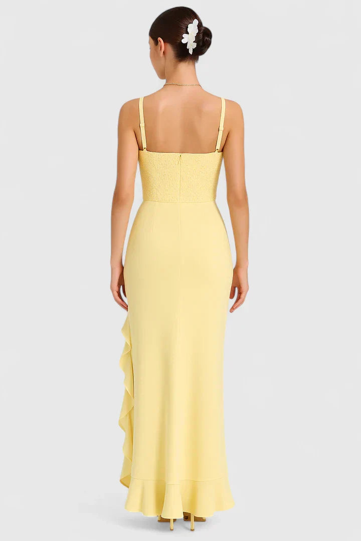 Almyra — Robe Femme Elegante Noire Jaune Pour Contraste Audacieux