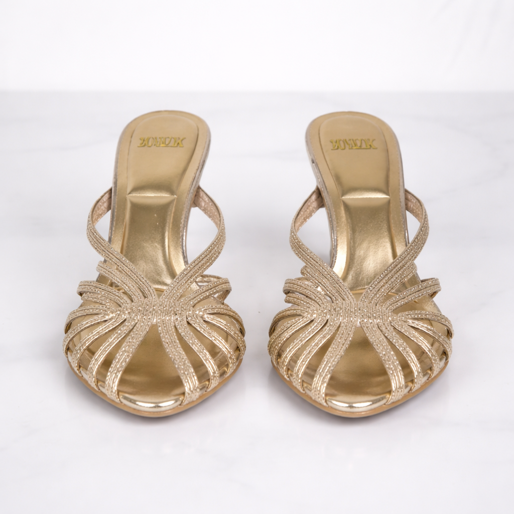 Mules Talons Dorées Brides Bout Ouvert Femme | Élégance Soirée