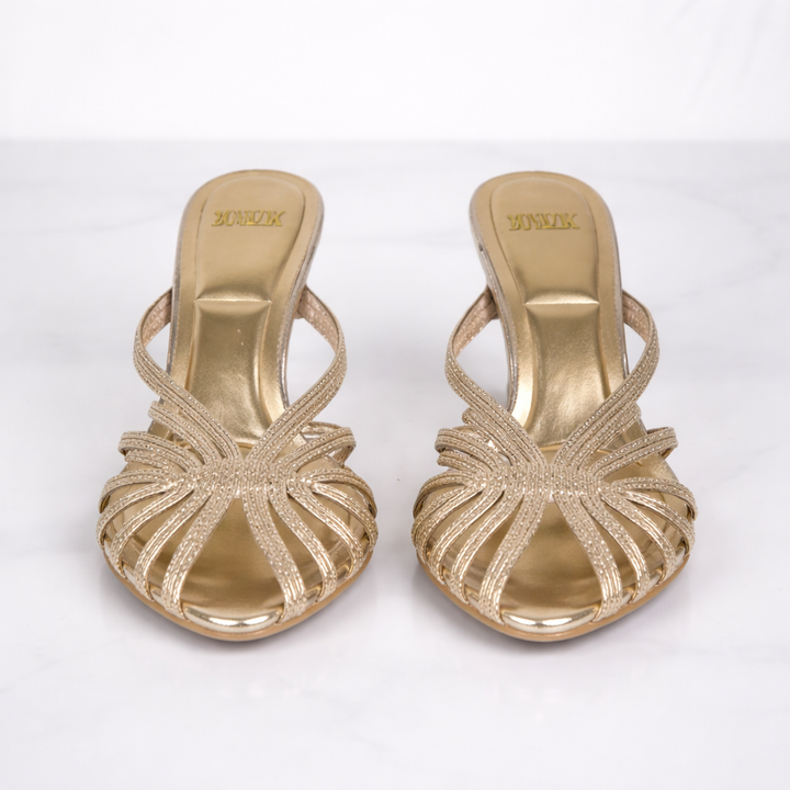Mules Talons Dorées Brides Bout Ouvert Femme | Élégance Soirée