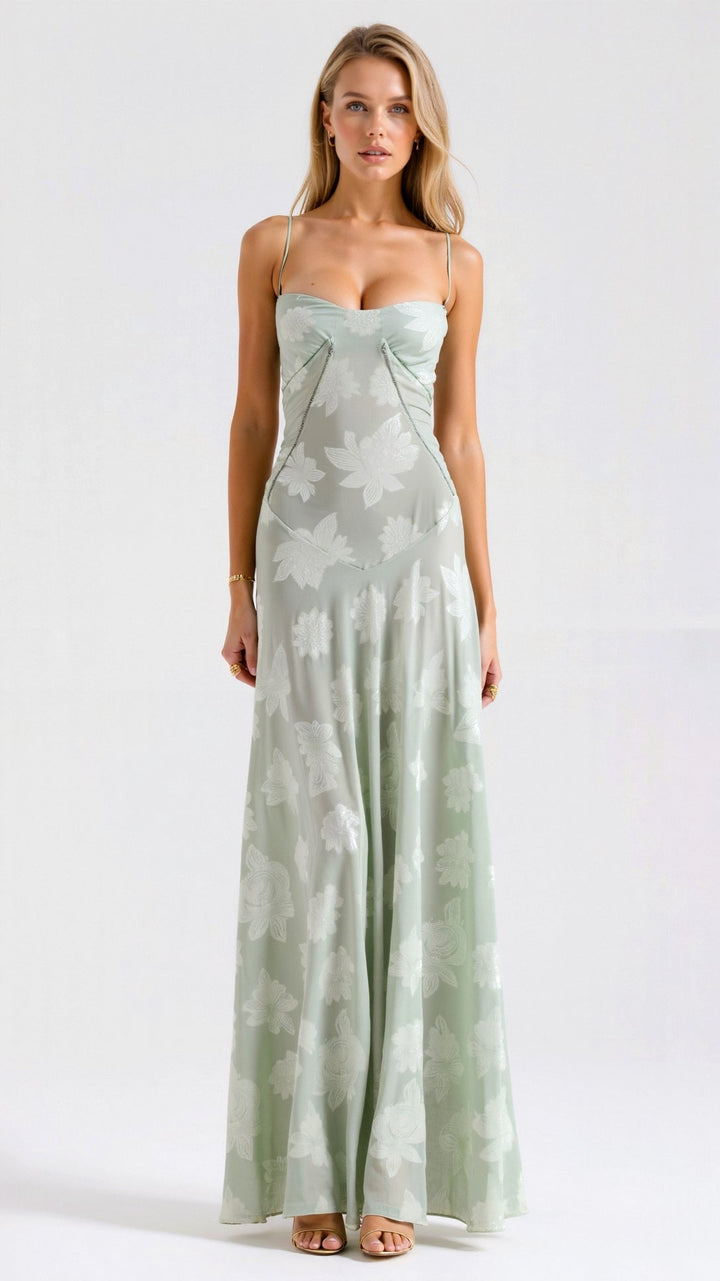 Lauren — Robe Mariage Invitee Bustier Maxi Rose Verte Noire