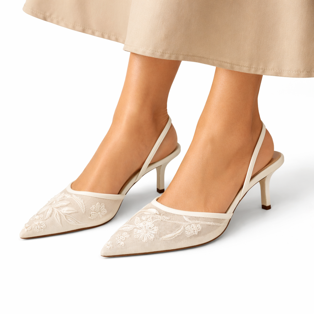 Mules Talon Mesh Brodé Floral Bout Pointu Femme | Élégantes Soirée
