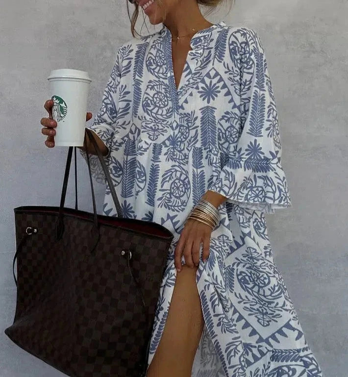 Maisie — Robe Mini Boho Imprimee Manches Longues Bleue Pour Femme Creatrice