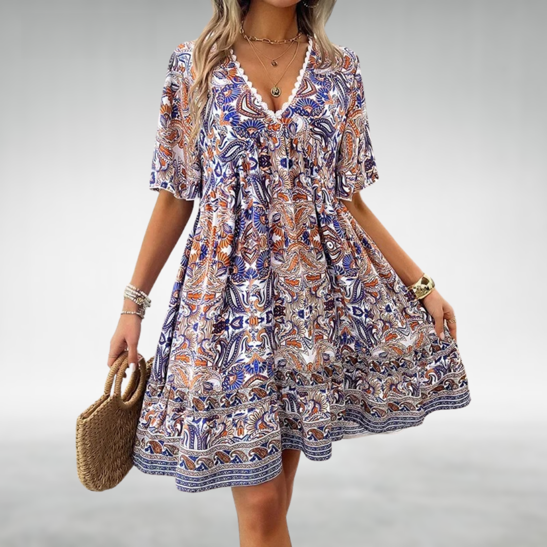 Mabel — Robe Mini Boho Col V Imprimee Bleue Verte Rouge Jaune